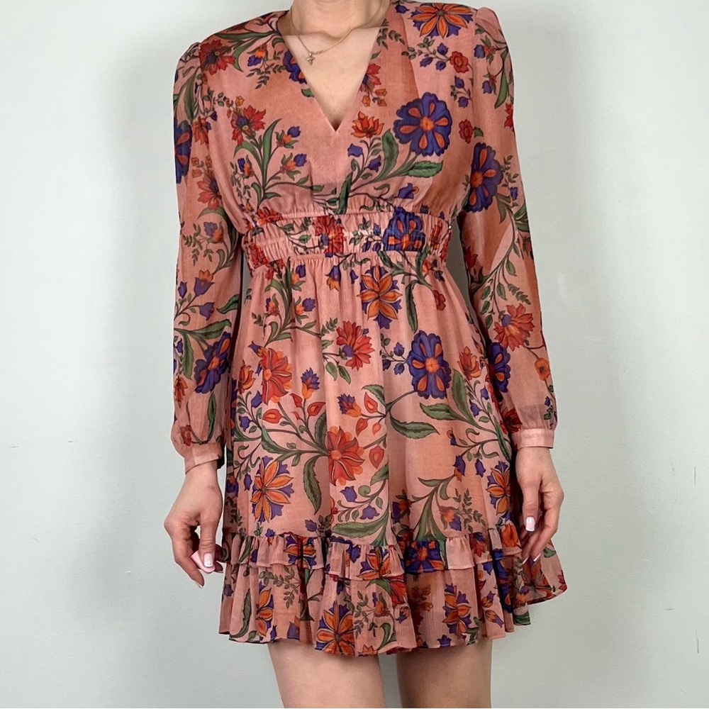 Guess Eco Brigida Floral Print Long Sleeve Ruffle Hem Flare Dress